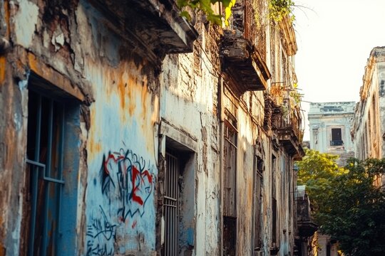 Ruined buildings with cracked walls and vibrant graffiti in an old urban setting provide a glimpse into past life and decay in daylight. Generative AI - Powered by Adobe