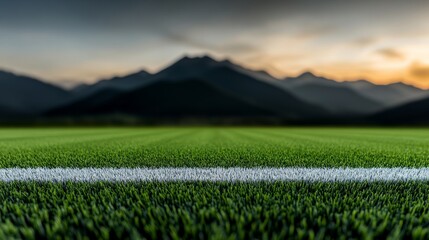 Green Soccer Field with Mountains in Background at Dusk