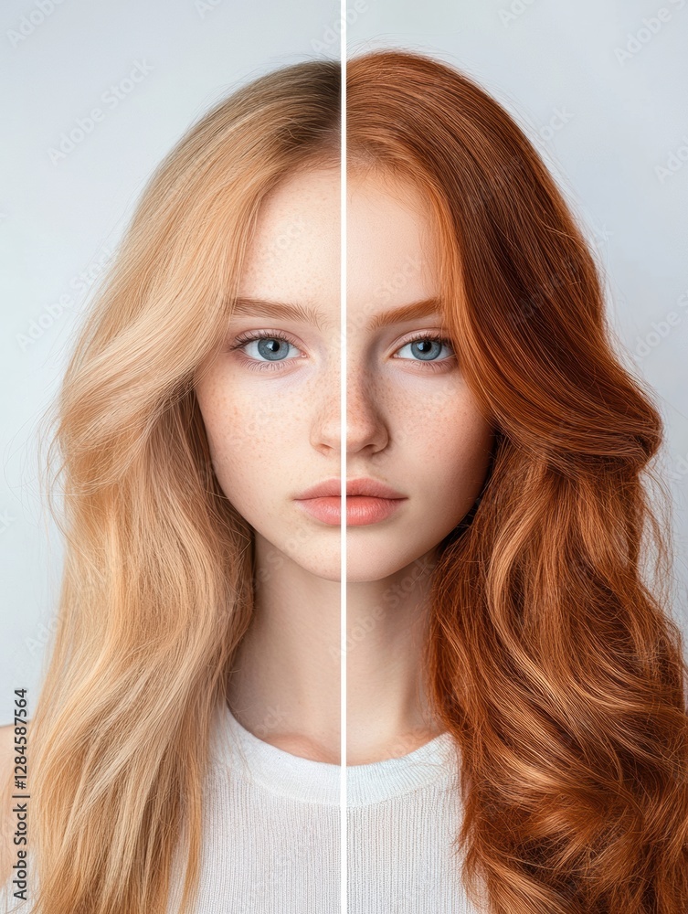 Aufkleber transformation from dull and unkempt to stylish and elegant hair on a female subject in a studio set