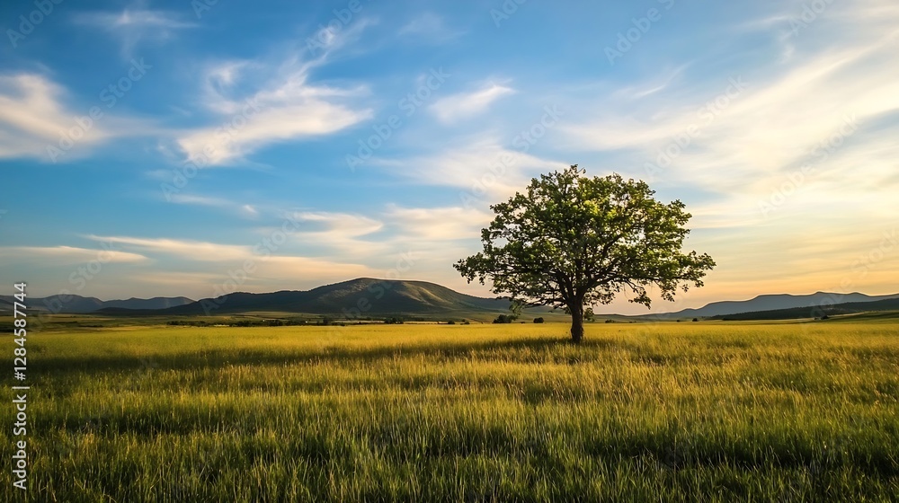 Aufkleber vibrant summer landscape featuring a lone tree in a golden grassy field under a blue sky with fluffy