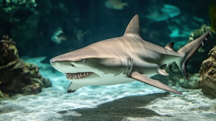 Naklejka premium Great white shark swimming in ocean depths with sharp teeth and powerful fins