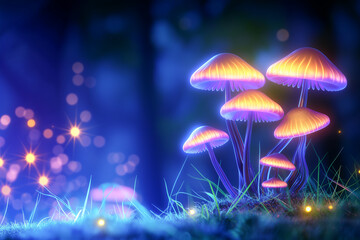 A group of radiant mushrooms glows in golden and purple hues, set against a deep blue forest backdrop with tiny floating lights, evoking a mystical and magical atmosphere. Copy space 