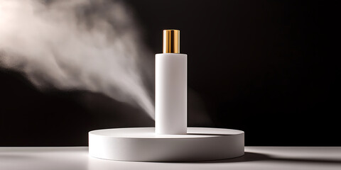 Elegant white bottle with gold cap on a platform surrounded by mist against a dark background.