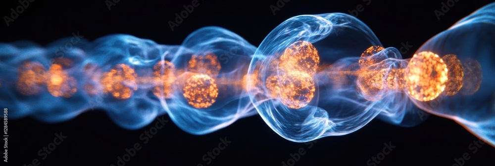 Poster scientific visualization displaying dynamic gas molecules and glowing atomic structures in motion ov
