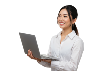 Isolated Smiling Asian Woman Holding a Laptop Looking Up