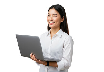 Isolated Professional Asian Woman Holding Laptop Contemplatively
