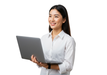 Isolated Professional Asian Woman Holding Laptop Contemplatively