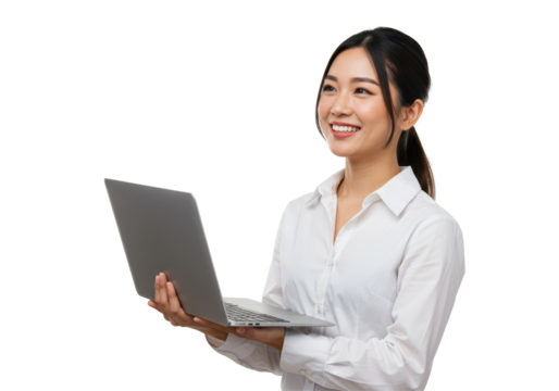 Isolated Smiling Asian Woman Holding a Laptop Looking Up