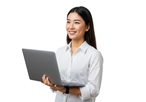 Isolated Professional Asian Woman Holding Laptop Contemplatively