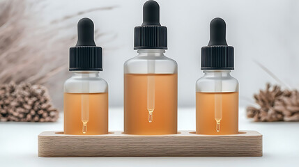 Three dropper bottles containing amber liquid sit on a light wooden holder against a neutral background with dried botanical elements.