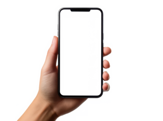 Hand holding smartphone mockup as png photo with blank screen isolated on white background. mobile phone hand mockup 
