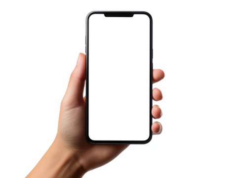 Hand holding smartphone mockup as png photo with blank screen isolated on white background. mobile phone hand mockup 
