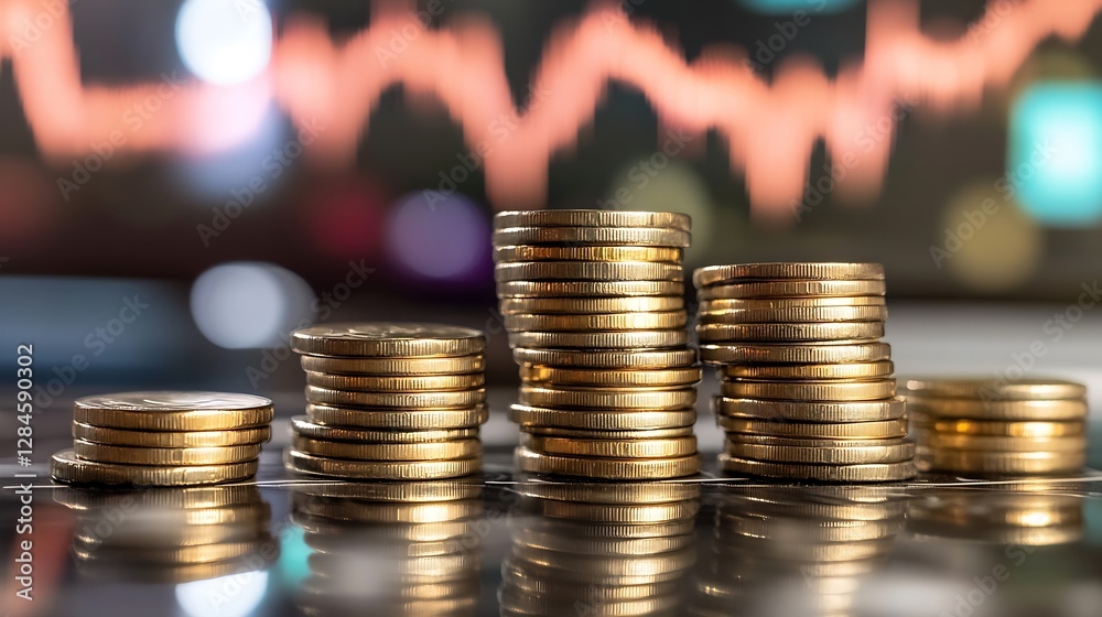 Aufkleber stacks of golden coins with a blurred financial graph background showcasing investment growth and we