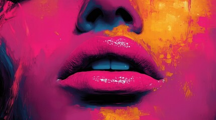 Vibrant pink lips in abstract art style with neon colors
