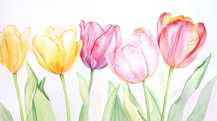 Fototapeta premium Blooming tulips in vibrant watercolor reflect a serene spring morning filled with warmth and beauty