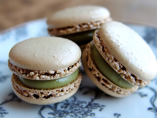 Fototapeta premium Three beige macarons with green filling presented on a delicate patterned plate.