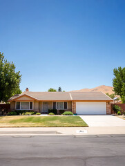 Fototapeta premium Single-story ranch house with a tan facade green lawn and a clear blue sky background on a sunny day.
