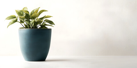 Fototapeta premium Green plant with small leaves in a blue-grey pot set against a neutral wall with minimalist aesthetic.