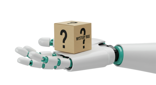 Isolated Robotic Arm Holding a Mystery Box - Powered by Adobe