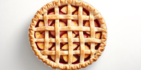 Overhead shot of a freshly baked fruit pie with a golden lattice crust and crimped edges sitting on a white surface.