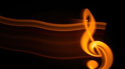 Abstract golden light trails form a musical treble clef against a dark background. Creative, evocative.