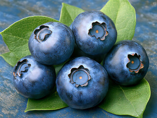 Obraz premium Five fresh blueberries rest upon vibrant green leaves set against a textured blue wooden surface.