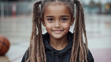 Smiling Girl with Braided Hair at Outdoor Basketball Court