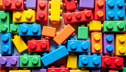 Fototapeta premium Colorful plastic building blocks scattered on a white surface