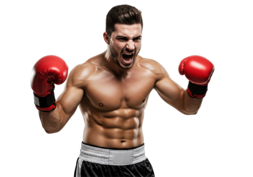 Isolated Furious Male Athlete Exclaiming While Holding Up Fists in Boxing Gloves