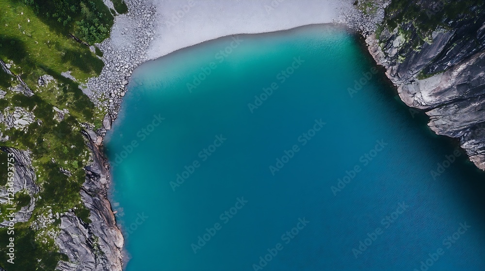 Poster Aerial view of pristine turquoise lake surrounded by rocky cliffs in a serene natural setting : Generative AI