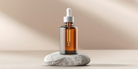 Fototapeta premium Amber glass bottle with dropper on a rough stone bathed in soft diffused natural light.