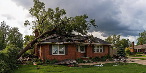 Large tree causes damage to brick home in storm aftermath. Generative AI