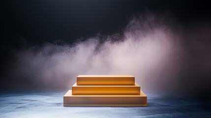 Golden three-tier podium bathed in hazy light against a dark atmospheric background.