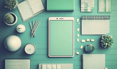 Mint Green Tablet Mockup on Desk with Office Supplies