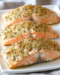 Three salmon fillets topped with herbs and breadcrumbs arranged on a white rectangular plate creating a delicious appetizing presentation.