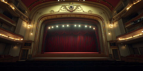 Obraz premium Ornate theater with plush red curtains balcony seating and decorative molding bathed in soft inviting light.