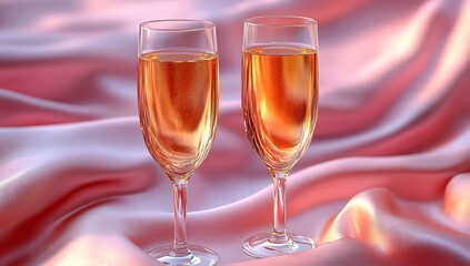 Sparkling Rosé in Elegant Flute Glasses Against a Pink Satin Background


