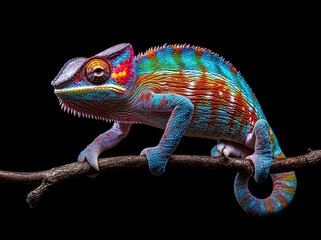 Obraz premium A chameleon rests on a branch, its spiral tail adorned with brilliant rainbow hues