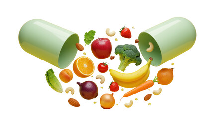 Isolated Capsule Exploding with Nutritious Fruits and Vegetables