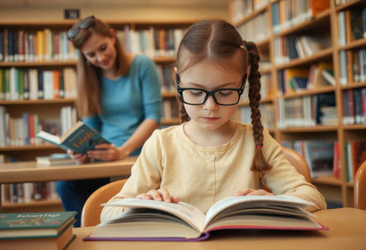 Niña con discapacidad visual leyendo braille en una acogedora biblioteca, rodeada de libros y profesores comprensivos
