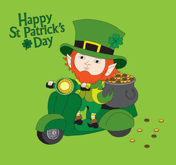 Cute cartoon illustration of a leprechaun riding a scooter