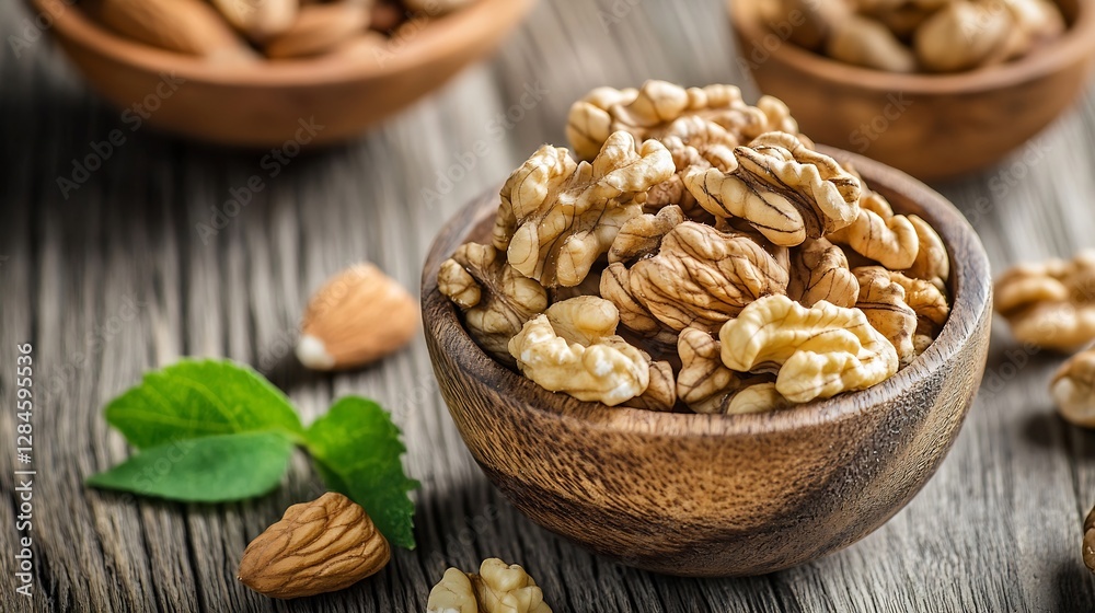 Poster Nut assortment featuring fresh walnut kernels on rustic wooden table set among almonds and green leaves for healthy snacking : Generative AI