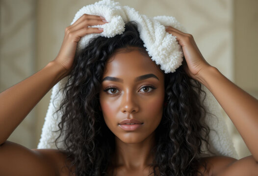 Mujer de piel oscura y cabello negro rizado sec&aacute;ndose el cabello con una toalla blanca, iluminaci&oacute;n suave
