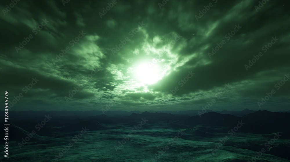 Aufkleber otherworldly green twilight scene with dramatic clouds and a glowing sky above the mountains : gener