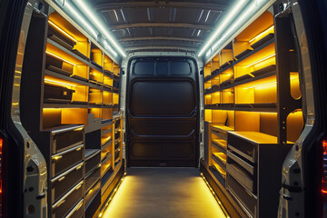 Modern van interior with warm illumination and storage shelves. Generative AI