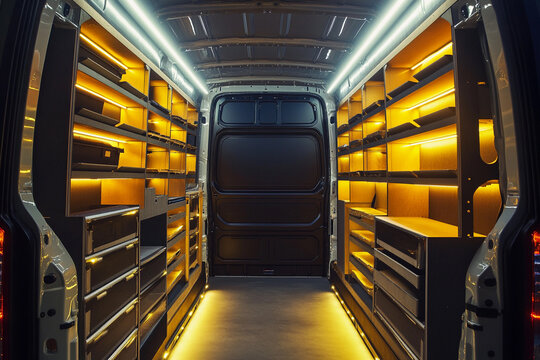 Modern van interior with warm illumination and storage shelves. Generative AI