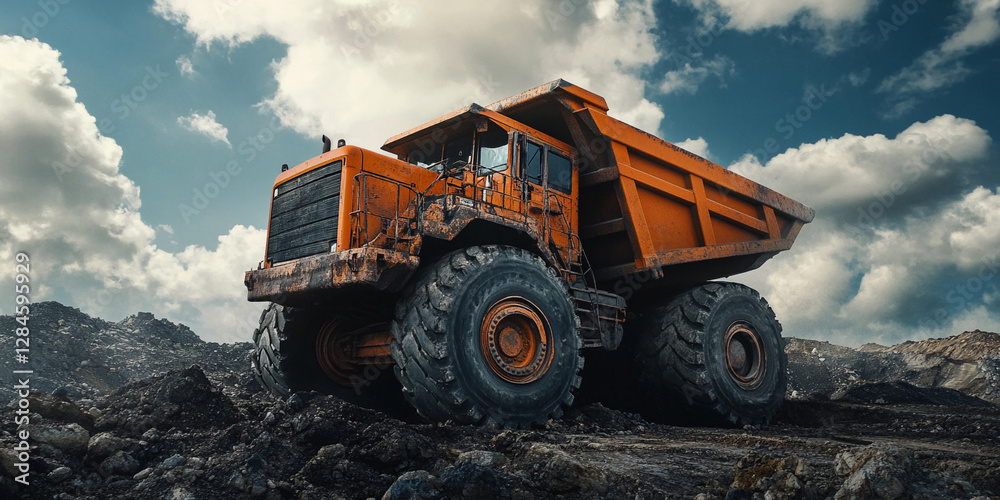 Aufkleber Massive orange haul truck operating in open pit mining site. Generative AI