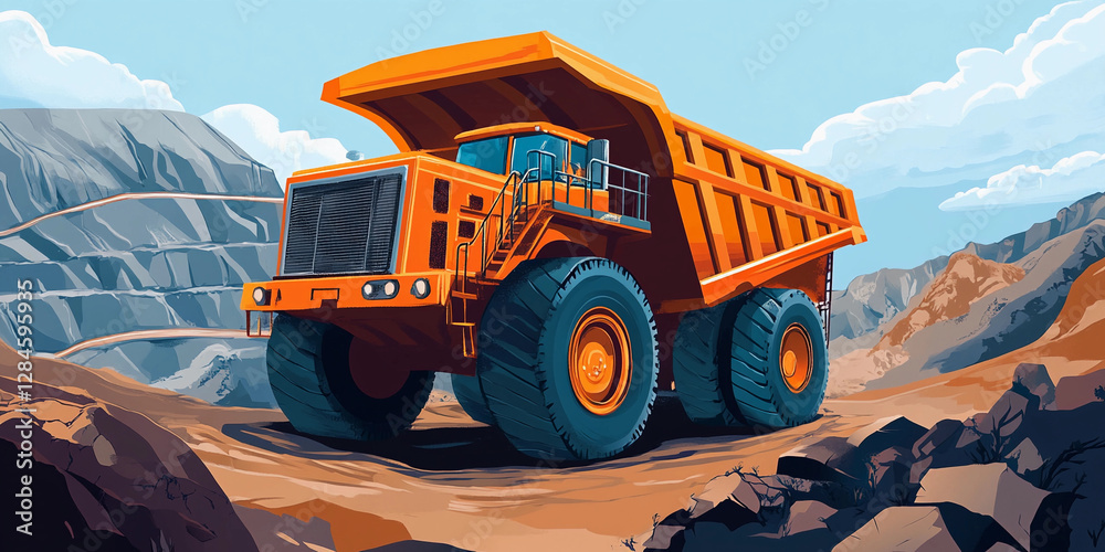 Poster massive orange haul truck operating in open pit mine. generative ai