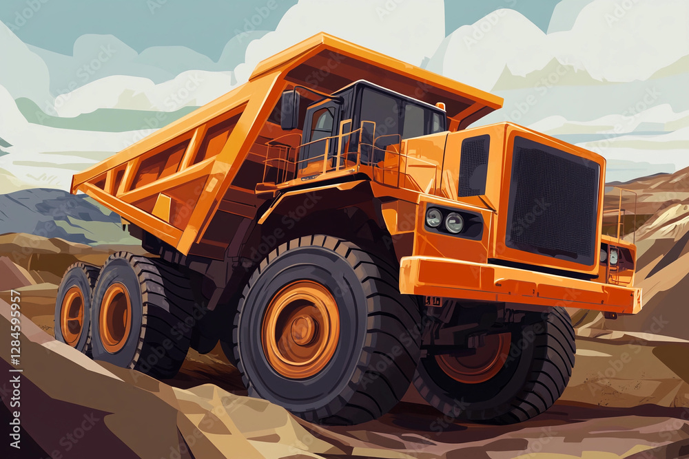 Poster Massive orange haul truck navigating open pit mining site. Generative AI