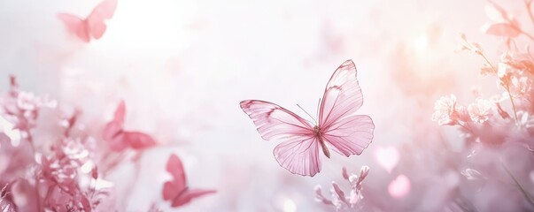 Pink butterflies fluttering among delicate blossoms in a dreamy pastel scene